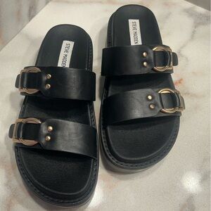 Steve Madden Black Slide Sandals with Gold Buckles